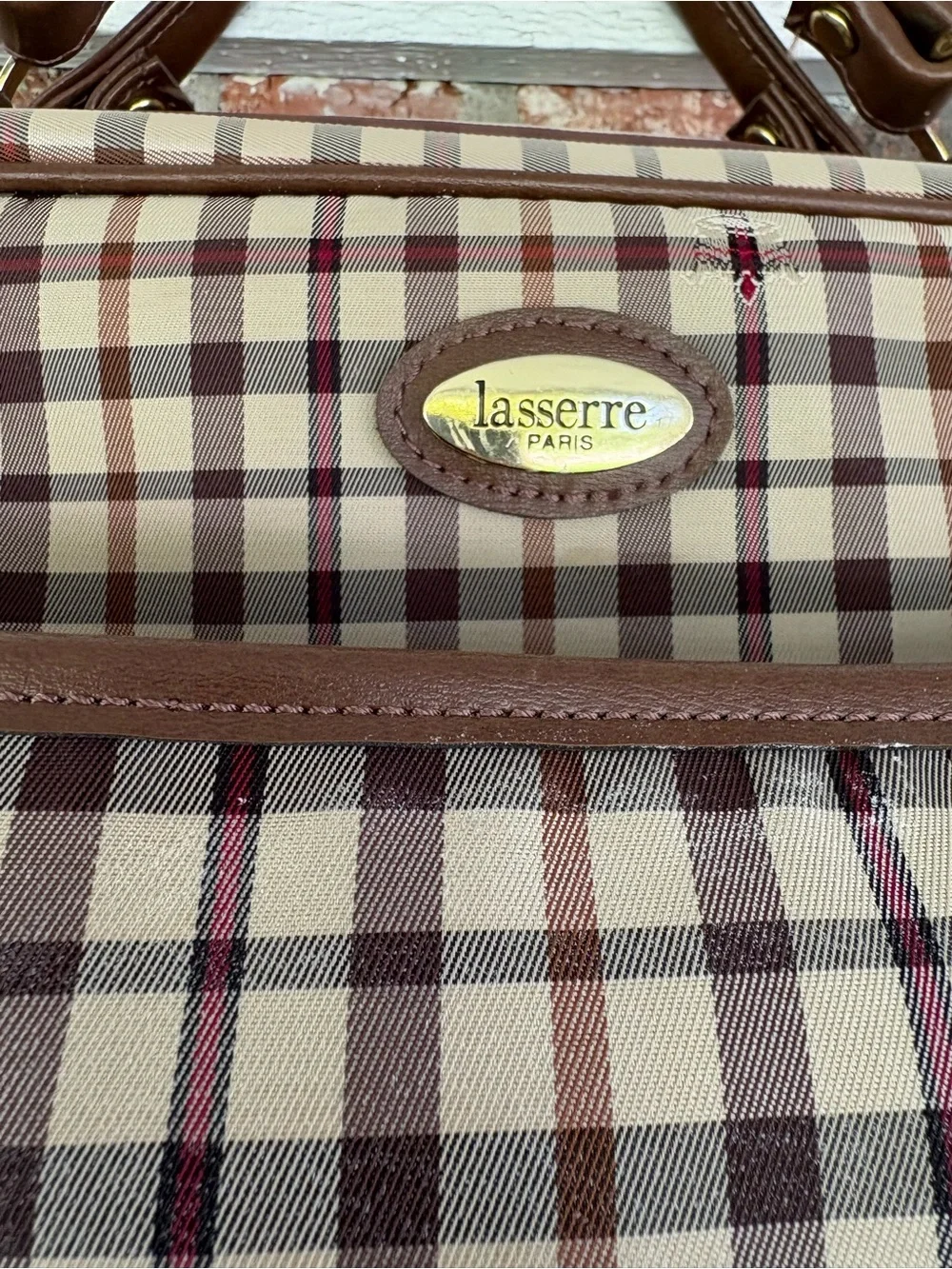 Lasserre Paris Vintage Beige Plaid Rolling luggage Bag with Brown Trim
